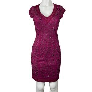 Sue Wong Nocturne Cocktail Dress V-neck Embroidered Beaded Maroon Size 8